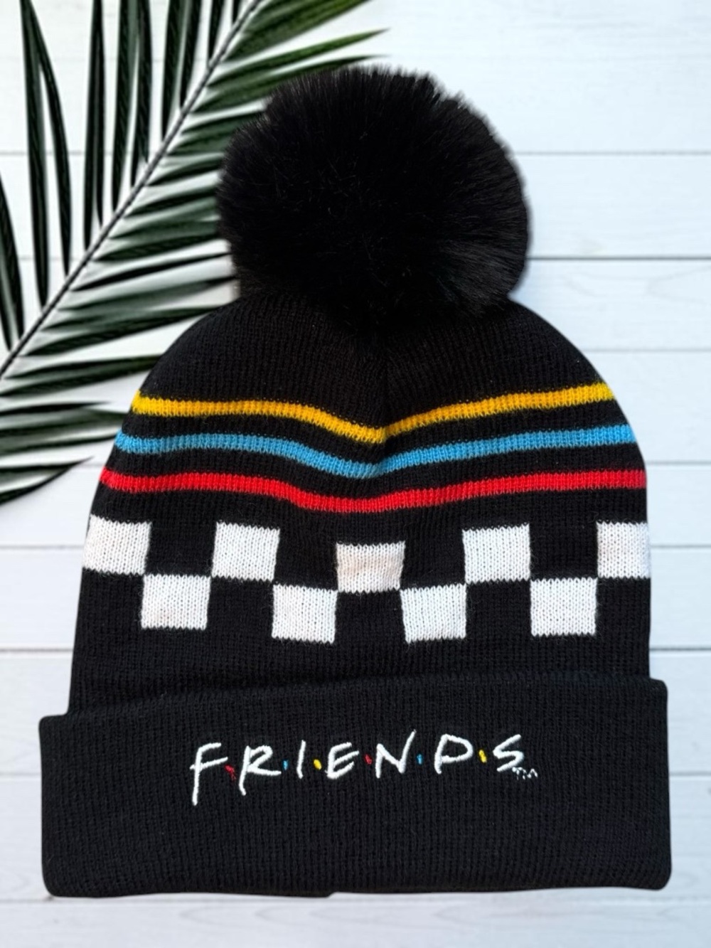 Friends TV Show Checkered Stripe Pom Pom Beanie Hat One Size Black Knit Cap